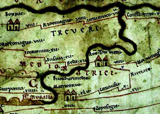 Table de Peutinger mentionnant Divodurum et Scarpone (probablement au IIIe siècle)